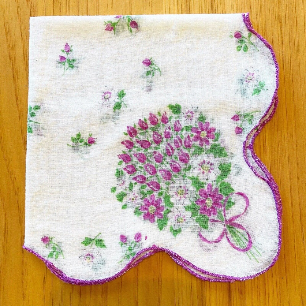 Vintage Handkerchief Hanky Printed Purple Roses White Flowers Scalloped Edge 11"